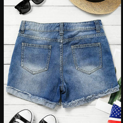 Distressed Denim Shorts for Women High Waist Folded Raw Hem Jean Shorts