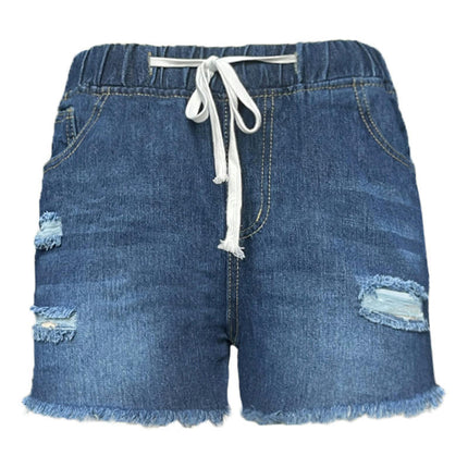 Women Casual Ripped Jeans Shorts Drawstring Elastic Waist Frayed Raw Hem Denim Shorts