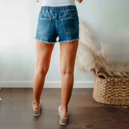 Women Casual Ripped Jeans Shorts Drawstring Elastic Waist Frayed Raw Hem Denim Shorts