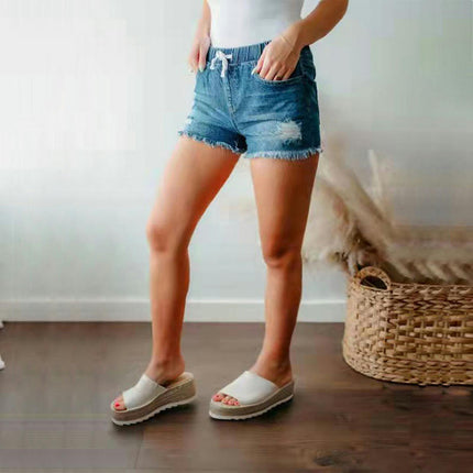 Women Casual Ripped Jeans Shorts Drawstring Elastic Waist Frayed Raw Hem Denim Shorts