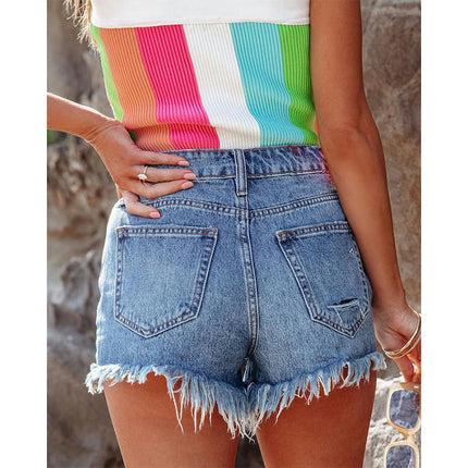 Women's High Waisted Ripped Denim Shorts Casual Frayed Raw Hem Jeans Shorts