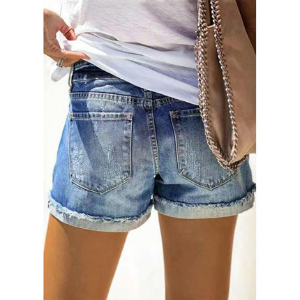 Denim Shorts for Women Mid Rise Ripped Folded Hem Jean Shorts