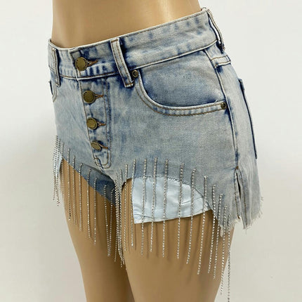 Women's Rhinestone Fringes Denim Shorts Summer Mid Rise Jeans Shorts