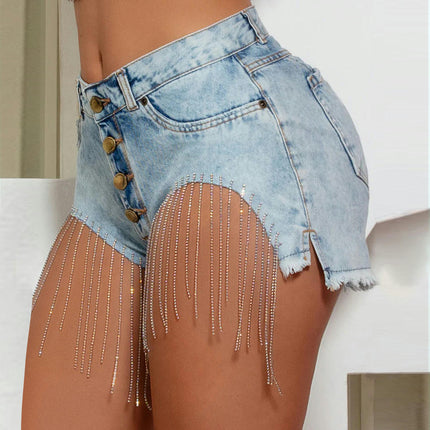 Women's Rhinestone Fringes Denim Shorts Summer Mid Rise Jeans Shorts