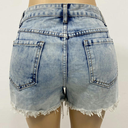 Women's Rhinestone Fringes Denim Shorts Summer Mid Rise Jeans Shorts