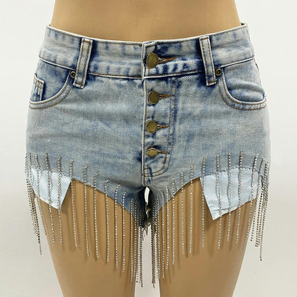 Women's Rhinestone Fringes Denim Shorts Summer Mid Rise Jeans Shorts