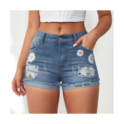 Women Mid Rise Ripped Casual Jeans Shorts Frayed Raw Hem Denim Shorts-A1