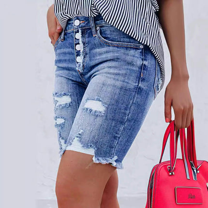 Women Jean Shorts Ripped Casual Summer Mid Waist Denim Jean Shorts