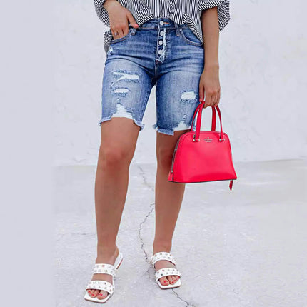 Women Jean Shorts Ripped Casual Summer Mid Waist Denim Jean Shorts