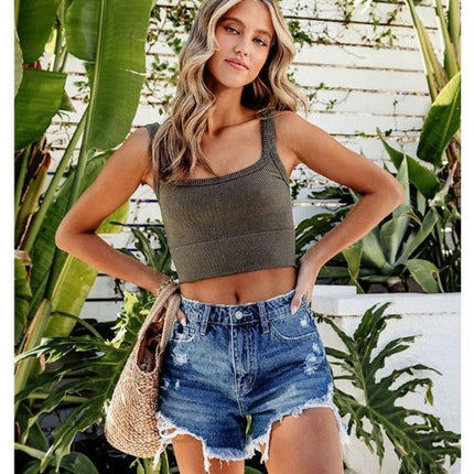 Women Mid Rise Ripped Jeans Shorts Frayed Raw Hem Denim Shorts