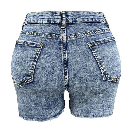 Women Mid Rise Ripped Stretchy Jeans Shorts Frayed Raw Hem Denim Shorts