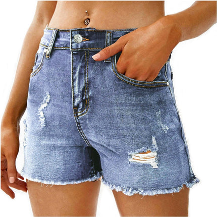 Women Mid Rise Ripped Stretchy Jeans Shorts Frayed Raw Hem Denim Shorts