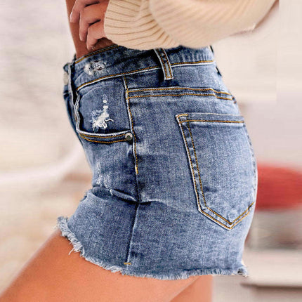 Women Mid Rise Ripped Stretchy Jeans Shorts Frayed Raw Hem Denim Shorts