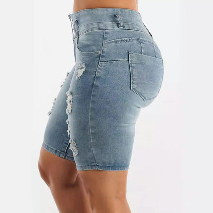 Womens Ripped Stretchy Jean Shorts High Waisted Bermuda Shorts