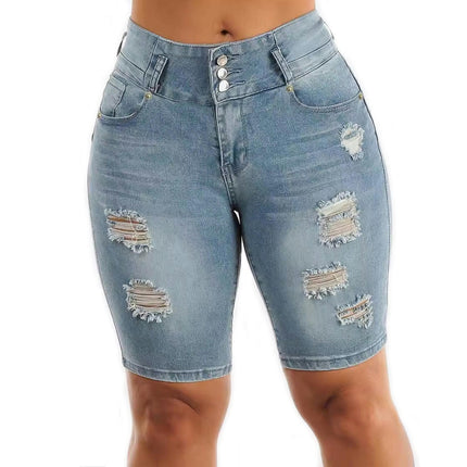 Womens Ripped Stretchy Jean Shorts High Waisted Bermuda Shorts