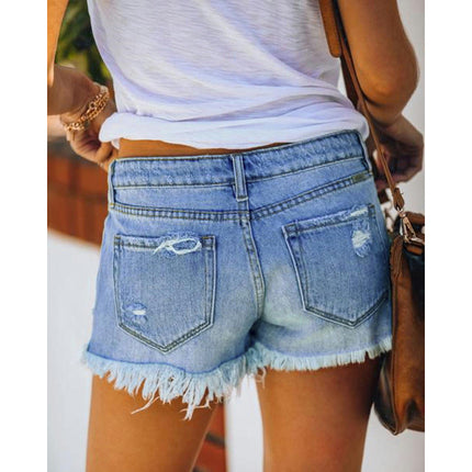 Women's Casual Frayed Raw Hem Denim Shorts Mid Waisted Ripped Jean Shorts