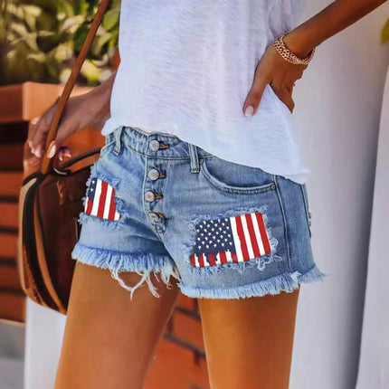 Women's Casual Frayed Raw Hem Denim Shorts Mid Waisted Ripped Jean Shorts