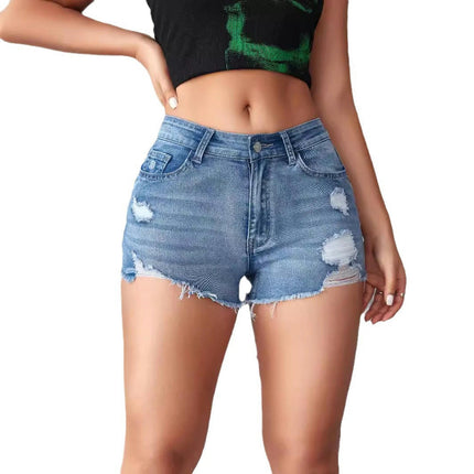 Women's Distressed Denim Shorts Mid Waist Ripped Frayed Raw Hem Jean Shorts