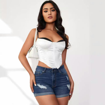 High Waist Folded Hem Denim Shorts for Women Ripped Casual Jeans Shorts