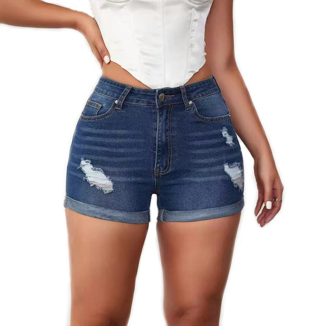 High Waist Folded Hem Denim Shorts for Women Ripped Casual Jeans Shorts