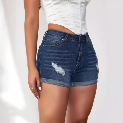 High Waist Folded Hem Denim Shorts for Women Ripped Casual Jeans Shorts