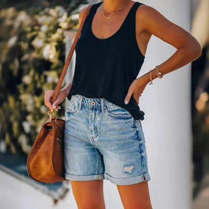 Women's Mid Rise Ripped Denim Shorts Folded Hem Casual Jeans