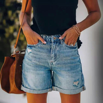 Women's Mid Rise Ripped Denim Shorts Folded Hem Casual Jeans