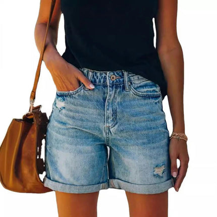 Women's Mid Rise Ripped Denim Shorts Folded Hem Casual Jeans