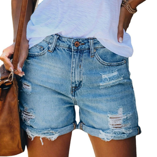 Women's Mid Rise Ripped Denim Shorts Distressed Folded Hem Jeans