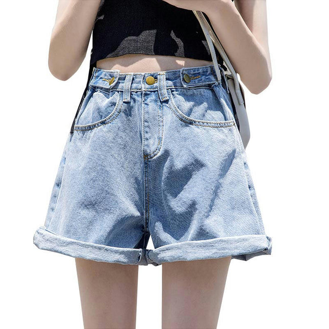 Women's Casual High Waist Denim Shorts Loose Wide Leg Rolled Up Jean Shorts