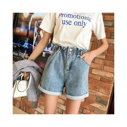 Women's Jean Shorts High Waisted Casual Summer Elastic Waisted Roll Hem Denim Shorts