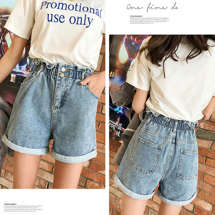 Women's Jean Shorts High Waisted Casual Summer Elastic Waisted Roll Hem Denim Shorts