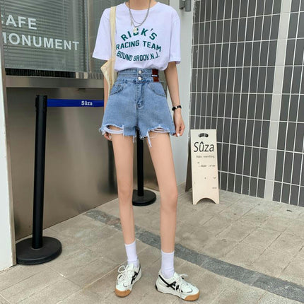 Women's High Waisted Ripped Denim Shorts Summer Frayed Raw Hem Jean Shorts