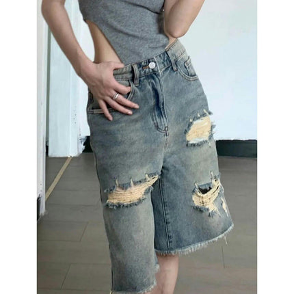 Womens Denim Ripped Bermuda Shorts Distressed Wide Leg Short Jeans