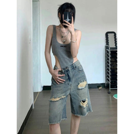 Womens Denim Ripped Bermuda Shorts Distressed Wide Leg Short Jeans