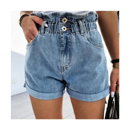 Womens Denim Shorts Casual Elastic High Waist Roll Hem Jean Shorts