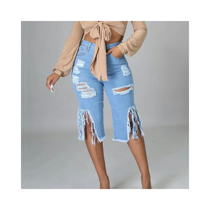 Womens Ripped Jean Shorts High Waisted Frayed Distressed Raw Hem Tassels Denim Bermuda Shorts