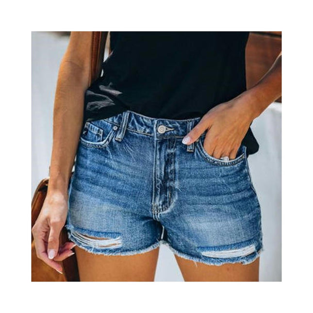 Women Mid Rise Ripped Jeans Shorts Frayed Raw Hem Casual Denim Shorts-A3