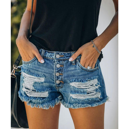 Women's Casual Mid Waisted Denim Shorts Frayed Raw Hem Ripped Jean Shorts-A2