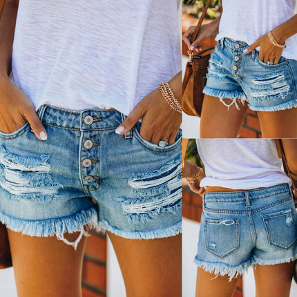 Womens Stretchy Denim Shorts Casual Mid Waisted Ripped Jean Shorts