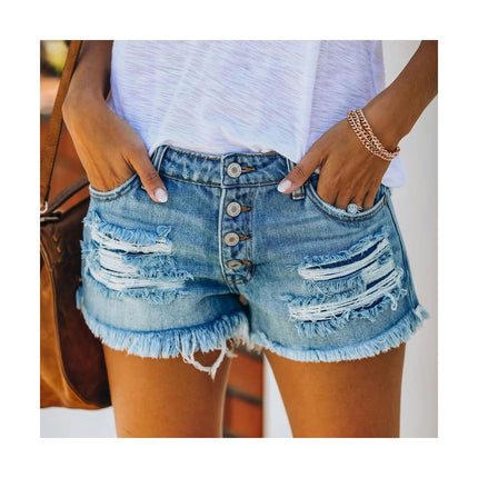 Womens Stretchy Denim Shorts Casual Mid Waisted Ripped Jean Shorts