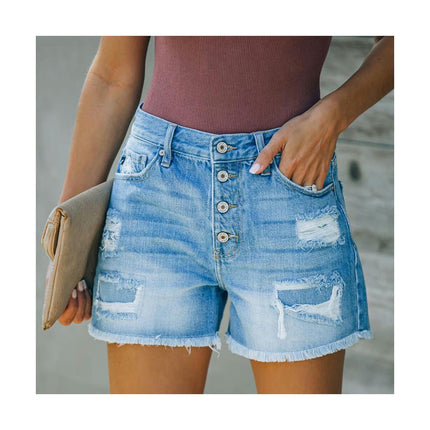 Women Mid Rise Ripped Stretchy Jeans Shorts Frayed Raw Hem Casual Denim Shorts-A1