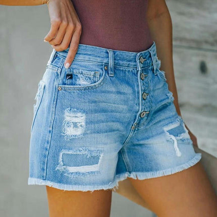 Women Mid Rise Ripped Stretchy Jeans Shorts Frayed Raw Hem Casual Denim Shorts-A1