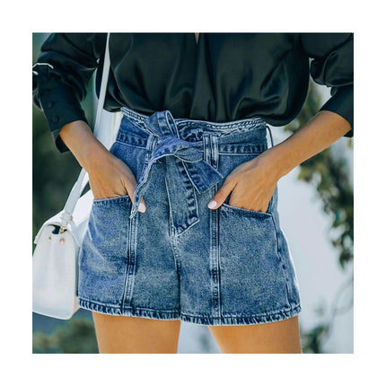 Women's High Waist Jean Shorts Casual Stretchy Belt Denim Jeans Shorts