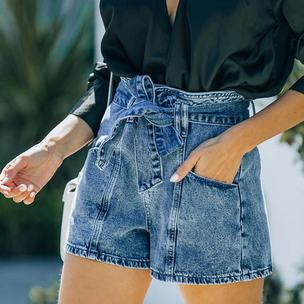 Women's High Waist Jean Shorts Casual Stretchy Belt Denim Jeans Shorts