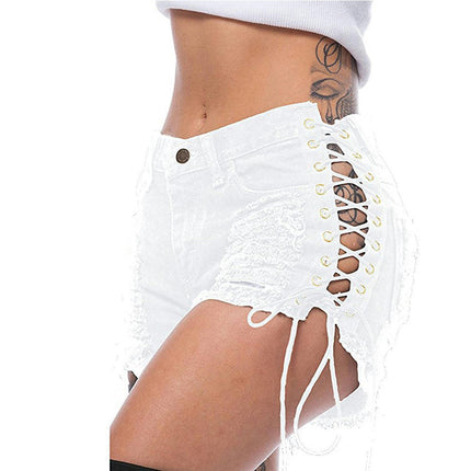 Womens Sexy Ripped Hole Denim Shorts Lace Up Jeans Hot Pants