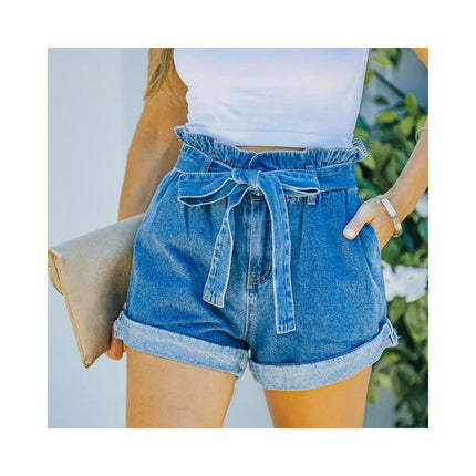 Women's High Waist Denim Shorts Casual Folded Hem Belt Shorts Jeans