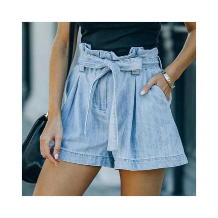 Women Casual Denim Shorts Bowknot Tie Waist Shorts with Pockets