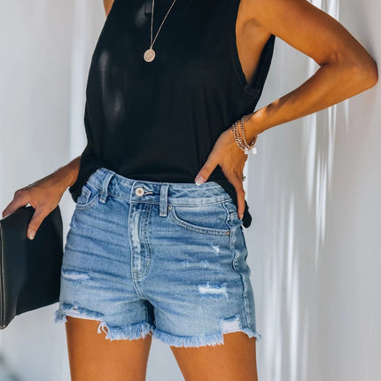 Women Mid Rise Ripped Casual Jeans Shorts Frayed Raw Hem Denim Shorts-A4