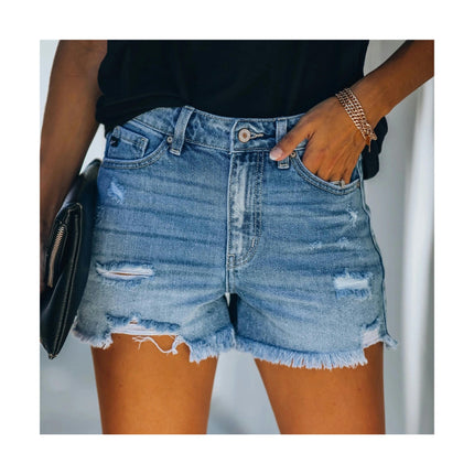 Women Mid Rise Ripped Casual Jeans Shorts Frayed Raw Hem Denim Shorts-A4